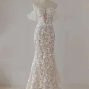 Delicate Flowy Mermaid Off the Shoulder Floral Lace Mermaid Sheer Wedding Dress