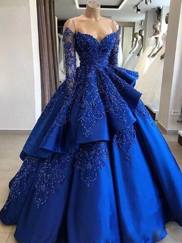 Delikat glittrande pärlbollklänning Satin Royal Blue Balklänning med ärmar Quinceanera-klänning