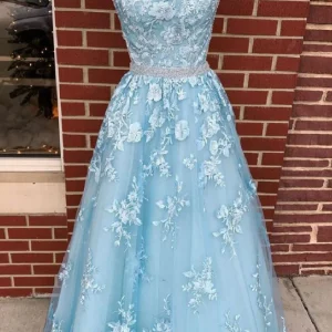 Dusty Blue 2021 A-linje rygglös balklänning Lång dammblå spets högtidlig klänning #21011220