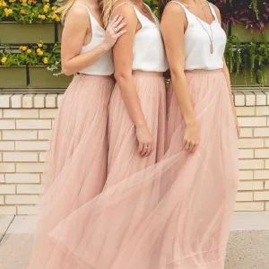 Tvådelad dammig rosa Boho Casual Rustik brudtärnaklänning med tyllkjol