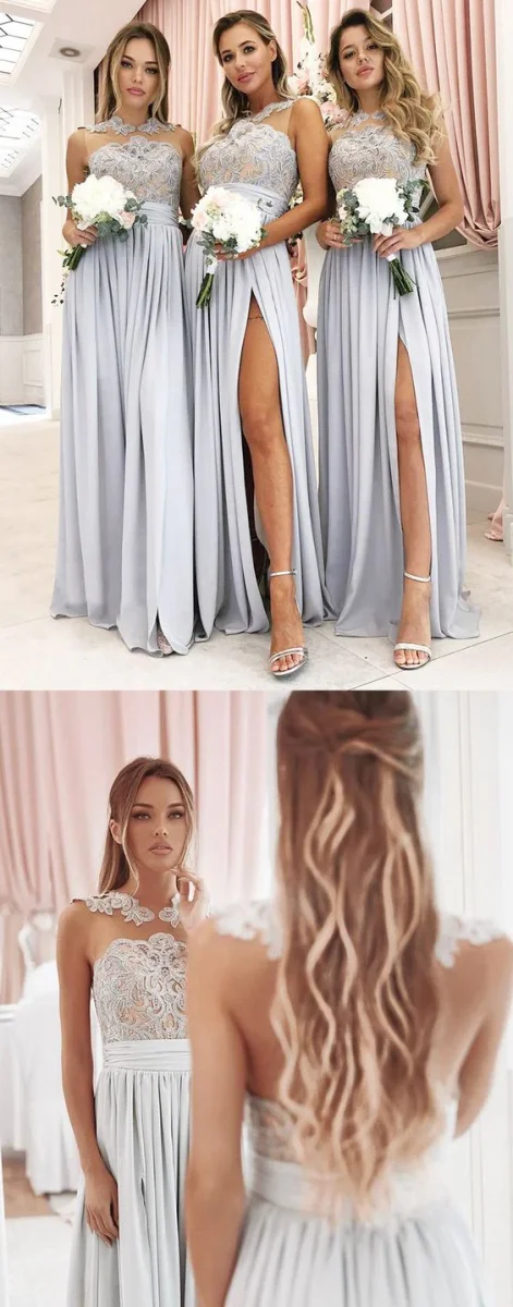 Dammblå Boho Jewel Neck Chiffong slits brudtärna klänningar med delikat spets topp - Bild 3