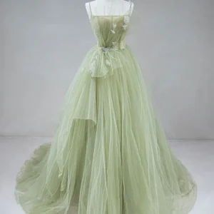 Exquisite Green Tulle Long A-Line Prom Dress Formal Evening Gown