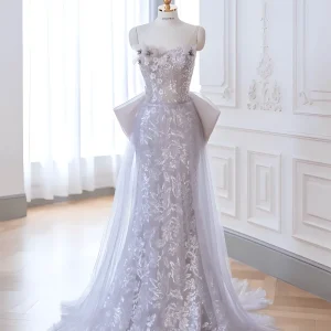 Elegant Taro Purple Sheath Sequins Formal Dress with removeable Tulle Train