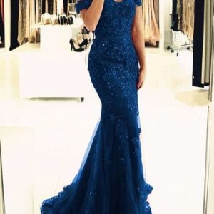 Elegant krickablå lång sjöjungfruspets Off Shoulders Balklänning Högtidlig klänning