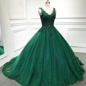 Emerald Green V-Neck Lace Top Ball Gown Prom Dress