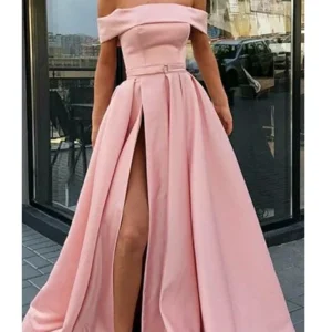 Rosa Off Shoulders Satin lång balklänning med slits
