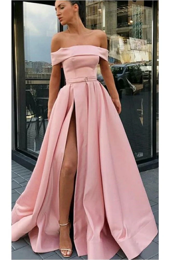 Rosa Off Shoulders Satin lång balklänning med slits - Bild 2