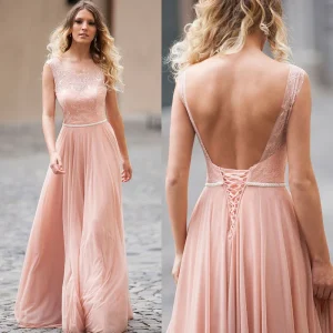 Blush Pink Illusion hals Spets Top A-line Chiffong Långa rygglösa brudtärna klänningar