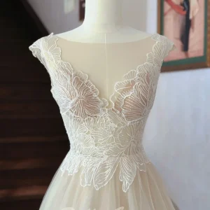 Fairy Illusion Lace Top A-line Sheer Flowy Champagne Wedding Dress