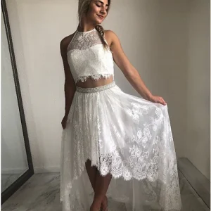 Flowy Halter Spets Crop Top Boho Beach Tvådelad Bröllopsklänning | Casual bröllopskjol och topp