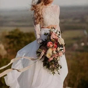 Flowy Summer Casual Tvådelad långärmad spetsbröllopsklänning med chiffongkjol