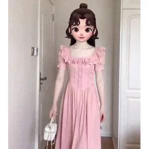 Fransk stil rouge rosa fyrkantig hals vintage klänning