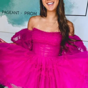 Fuchsia Rosa Off Shoulders Ruffles Hemkomstklänning