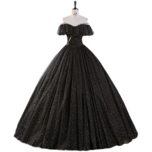 Glitter Off The Shoulder Ball Gown Black Gothic Sweet 16 Dress