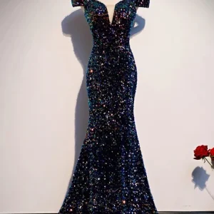 Glitter marinblå paljetter Off Shoulders Tight Fit formell balklänning