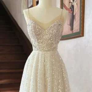 Glitter Spaghetti Strap A-line Sheer Wedding Dress