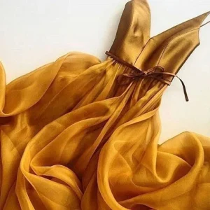 Guld Balklänning Lång Organza Spaghetti Straps Party Aftonklänning