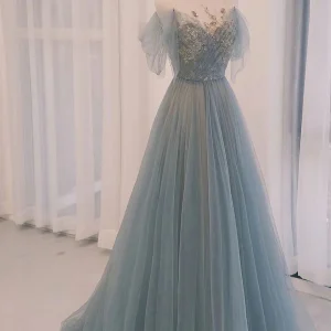Gray Blue Long Tulle Prom Dress with Sequin and Lace Details