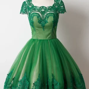 Grön spets Vintage 50-tal kort balklänning