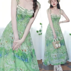 Grön Van Gog Oljemålning Sommarklänning