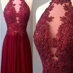 Grimma Chiffong Spets A-linje lång rödbrun balklänning Vinröd aftonklänning