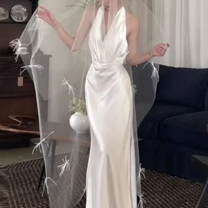 Halter Neck Column Low Back Silk Slip Wedding Dress