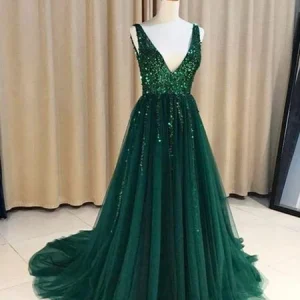 Hunter Green V-ringad lång formell tyll Låg rygg Balklänning