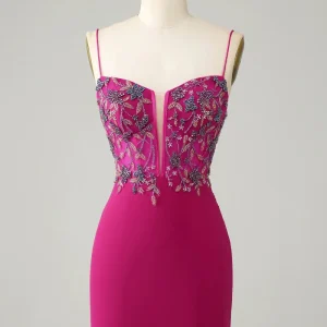 Fuchsia Beaded Bodycon Homecoming Dress, Spaghetti Strap Short Party Dress