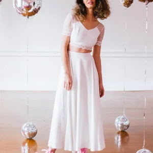Informal Short Sleeve Two Piece Ankle Length Wedding Dress