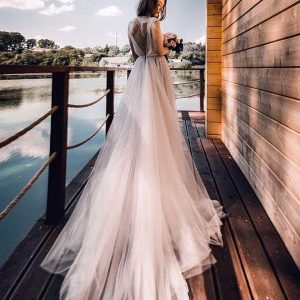 Jewel Neck V Back Tyll Boho Höst Bröllopsklänning