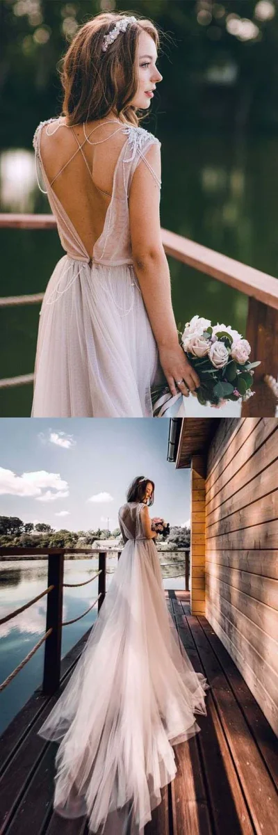 Jewel Neck V Back Tyll Boho Höst Bröllopsklänning - Bild 5