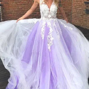 Lavendel tyll Princess Plunge V-ringad formell klänning Puffig balklänning