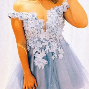 Unik Ljusblå 3D-blommor Off Shoulder Hemkomstklänning