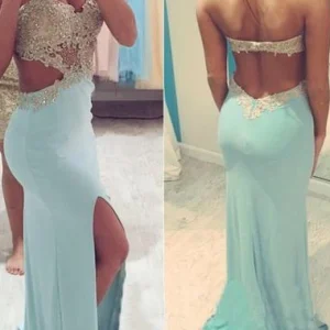 Ljusblå sexig tight rygglös balklänning med sidoslits