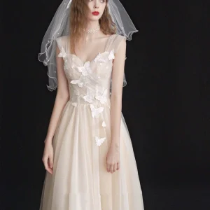 Light Champagne Ruched bodice Tulle Tea Length Wedding Dress