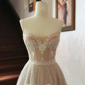 Light Champagne See Through Lace Spaghetti Strap Wedding Dress