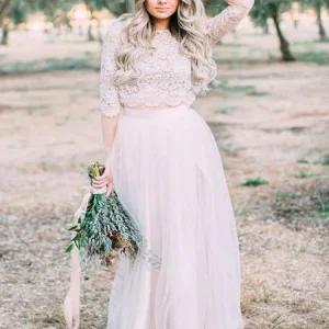 Långärmad spets tvådelad bröllopsklänning Tyllkjol Brudkjol Långärmad topp