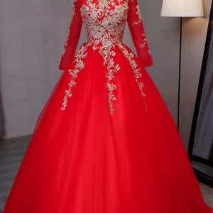 Långärmad Röd Puffy Sweet 15 Dress Quinceanera Dress