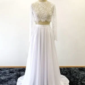 Långärmad genomskinlig spets Crop Top Brud separerar med chiffongkjol