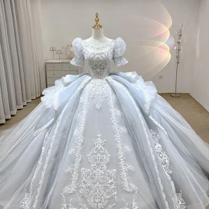 Luxury Pale Blue Princess Cathedral Traditional Victorian Wedding Dress