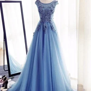 Kepsärmad topp Blå A-linje Tyll Maxi Genomskinlig Skir balklänning