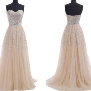 Fairytale Glitter Champagne Bling axelbandslös lång balklänning