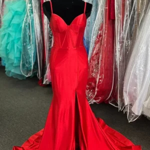 Red Corset Lace-Up Mermaid Long Formal Dress with Slit