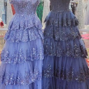 Tulle Sequin Lace Cold-Shoulder Ruffle Tiered Long Prom Dress