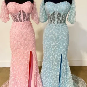 Pink 3D Floral Lace Sweetheart Mermaid See Through Prom Dress with Slit