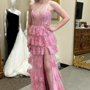 Pink Glitter Lace-Up Ruffle Lace Tiered Long Dress with Slit