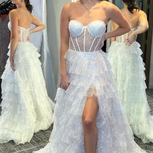 Glitter Sequins Corset See Through Ruffle Tiered Long Prom Dress with Slit
