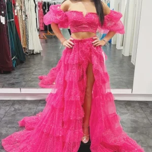 Fuchsia Two-Piece Puff Sleeve Ruffle Glitter Prom Dress with Slit