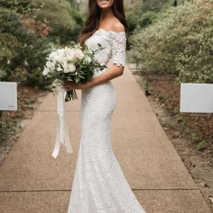 Mermaid Lace Off The Shoulder Tvådelad Bröllopsklänning Prisvärd Brudseparationer online