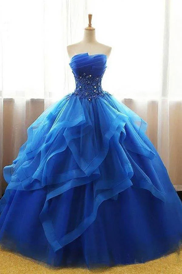 Mexikansk Organza Axelbandslös Royal Blue Balklänning Balklänning Quinceanera Klänning - Bild 2
